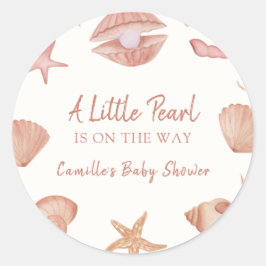 Pegatina Redonda Baby Shower Neutral Summer Ocean Seashell Pearl