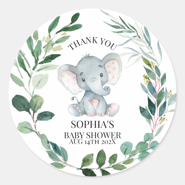 Pegatina Redonda Baby Shower neutro en género del elefante Safari (Anverso)