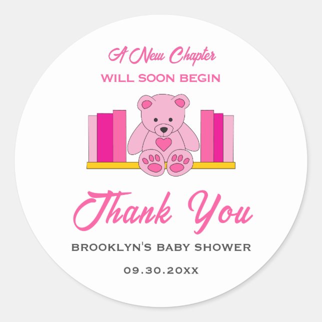 Pegatina Redonda Baby Shower New Chapter Storybook Pink Teddy Bear (Anverso)
