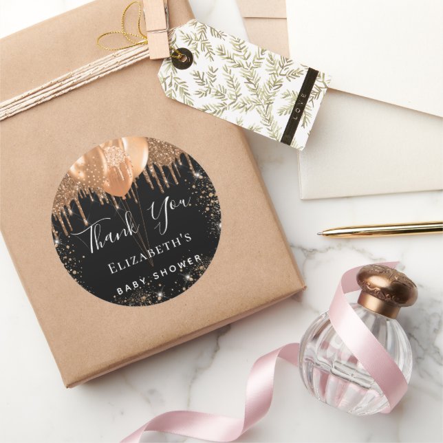 Pegatina Redonda Baby Shower nombre del purpurina de oro negro grac (Regalar)
