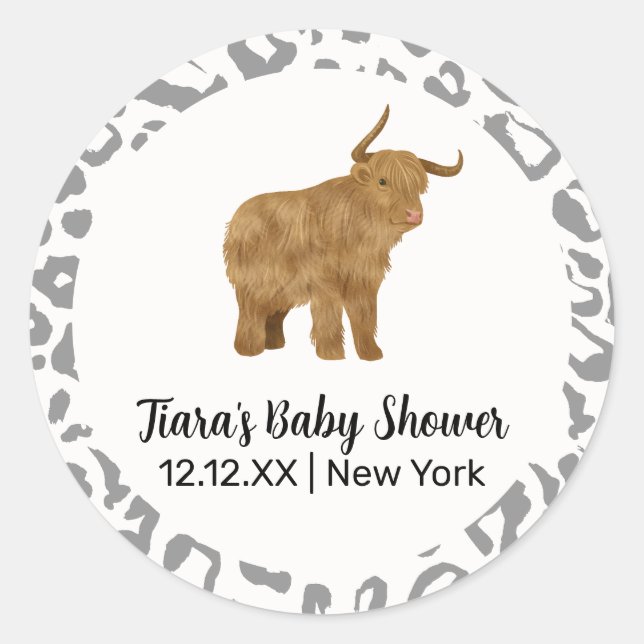 Pegatina Redonda Baby Shower Occidental de Boho Holy Cow (Anverso)