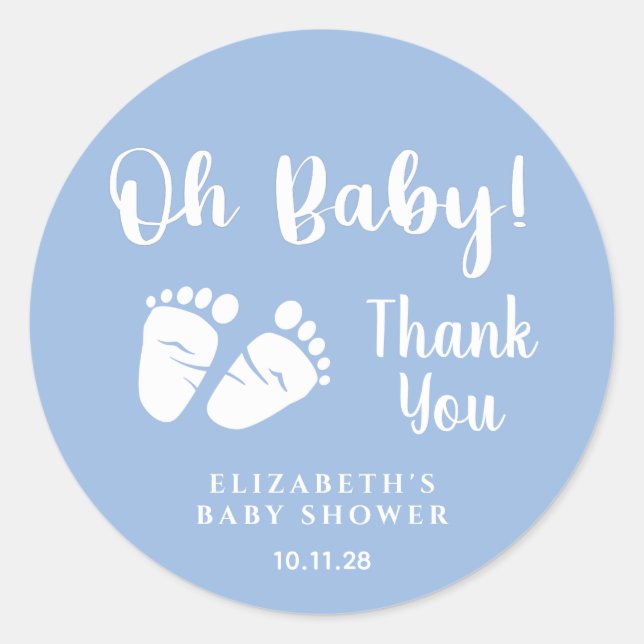 Pegatina Redonda Baby Shower Oh Baby Feet Blue Gracias (Anverso)