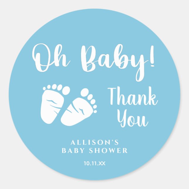 Pegatina Redonda Baby Shower Oh Baby Feet Blue Gracias (Anverso)
