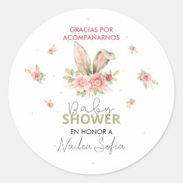 Pegatina Redonda Baby Shower Orejas de Conejo Rosa y Flores