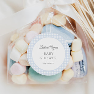 Pegatina Redonda Baby Shower Pale Blue Gingham Classic Boys
