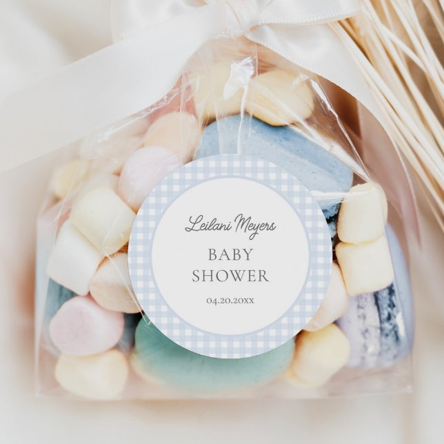 Pegatina Redonda Baby Shower Pale Blue Gingham Classic Boys (Subido por el creador)