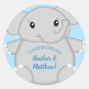 Pegatina Redonda Baby Shower para elefantes azules