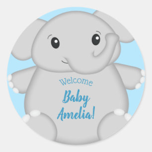 Pegatina Redonda Baby Shower para elefantes azules