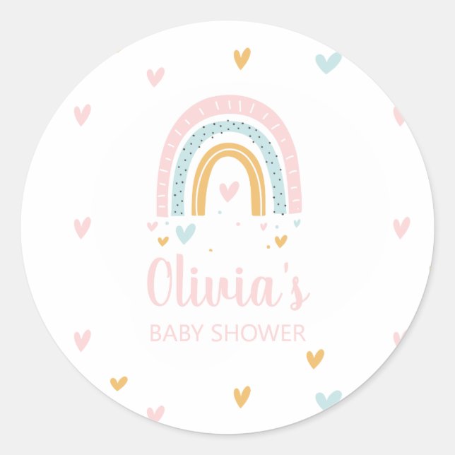 Pegatina Redonda Baby Shower Pastel Rainbow and Hearts (Anverso)