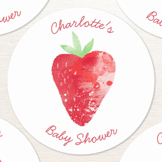 Pegatina Redonda Baby Shower personalizado con agua de fresa (Sweet strawberry watercolor personalized custom name text baby shower sticker)