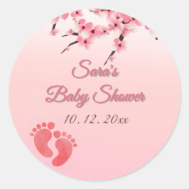 Pegatina Redonda Baby Shower personalizado de cerezo en flor