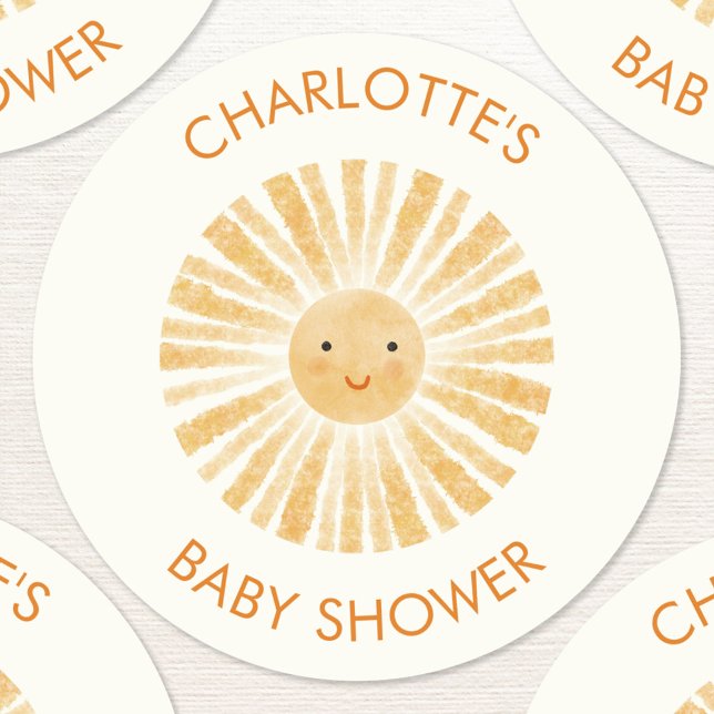 Pegatina Redonda Baby Shower personalizado de Little Sunshine (Fun personalized watercolor sunshine baby shower stickers with custom name and text)