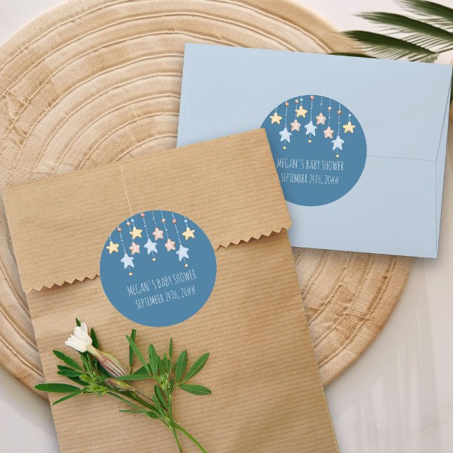 Pegatina Redonda Baby Shower personalizado de Nursery Stars Blue (Blue Stickers from my Twinkle Twinkle baby shower collection)