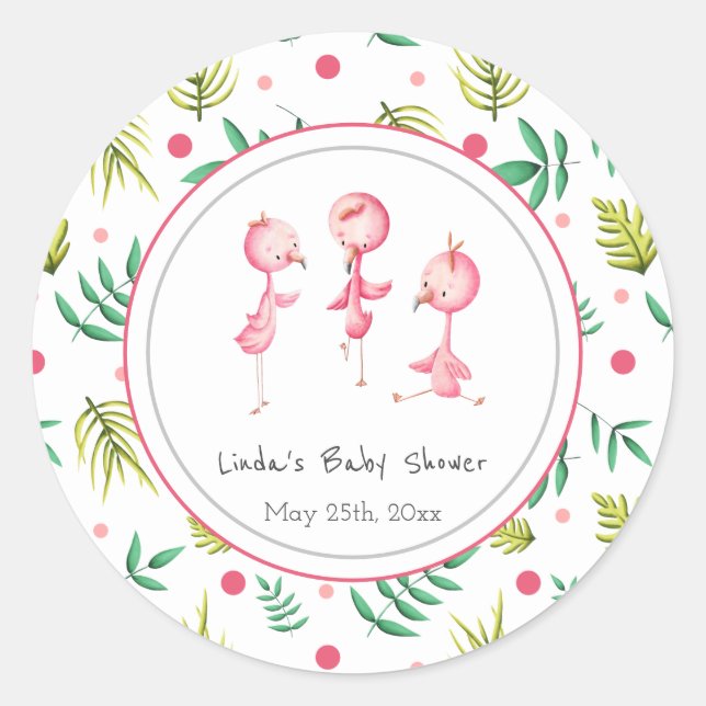 Pegatina Redonda Baby Shower personalizado Fiesta Flamingo (Anverso)
