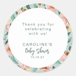 Pegatina Redonda Baby Shower, Personalizado Floral Rosa Mint Sage