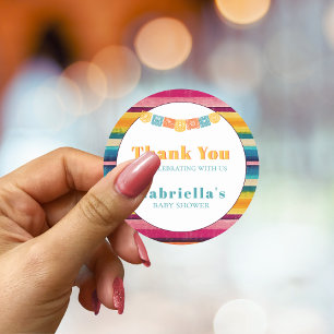 Pegatina Redonda Baby Shower personalizado mexicano con rayas de Fi