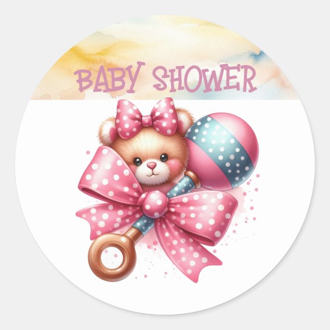 Pegatina Redonda Baby Shower Pink Bow Baby Rattle (Anverso)