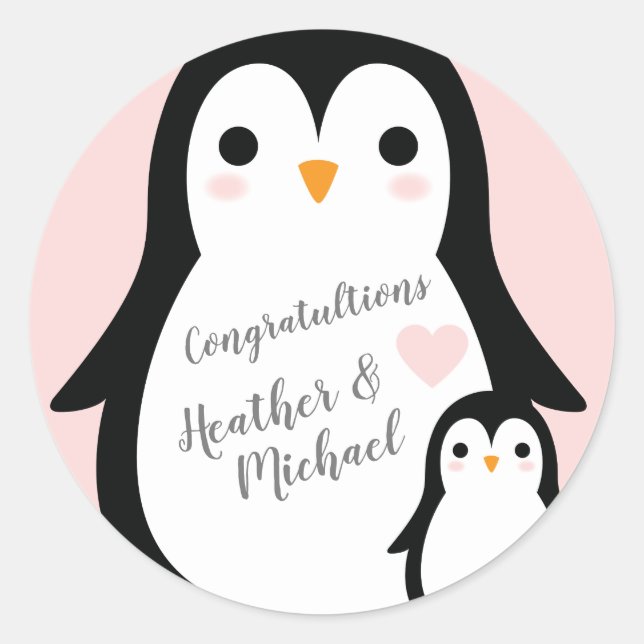 Pegatina Redonda Baby Shower Pink Penguin (Anverso)