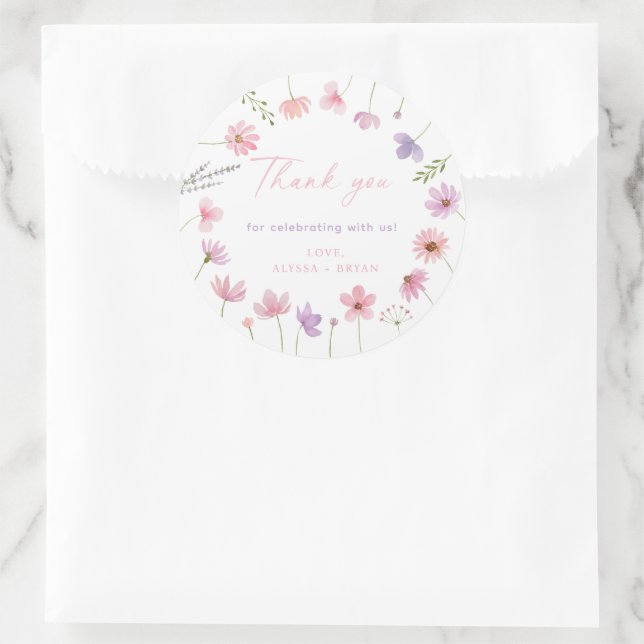 Pegatina Redonda Baby Shower Pink Purple Wildflowers (Bolso)