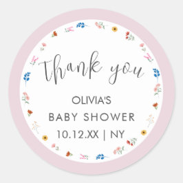 Pegatina Redonda Baby Shower Pink Simple Tiny Wilflower Gracias