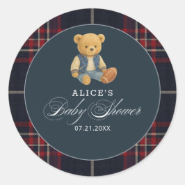 Pegatina Redonda Baby Shower Preppy Bear Football