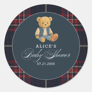 Pegatina Redonda Baby Shower Preppy Bear Football