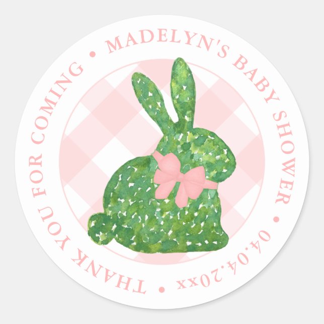 Pegatina Redonda Baby Shower Preppy Easter Bunny Pink Bow Gracias (Anverso)