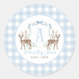 Pegatina Redonda Baby Shower Preppy Southern Blue Boy Deer