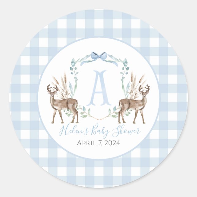 Pegatina Redonda Baby Shower Preppy Southern Blue Boy Deer (Anverso)