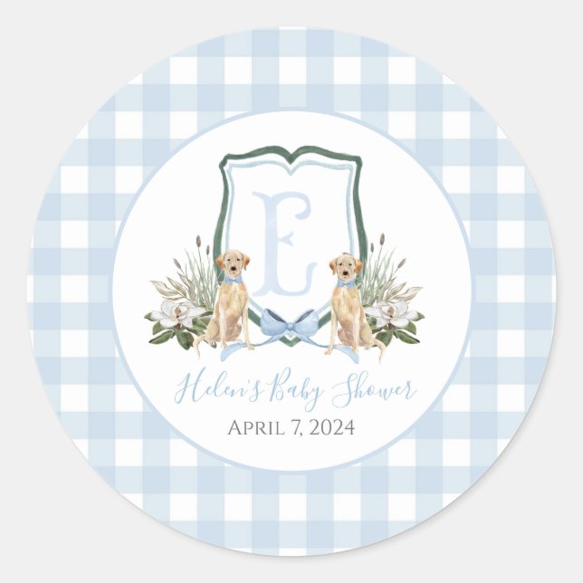 Pegatina Redonda Baby Shower Preppy Southern Blue Boy Dog (Anverso)
