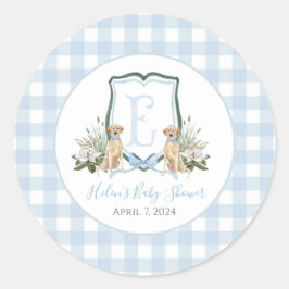 Pegatina Redonda Baby Shower Preppy Southern Blue Boy Dog