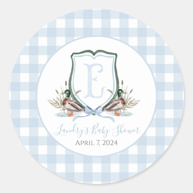 Pegatina Redonda Baby Shower Preppy Southern Blue Boy Duck (Anverso)