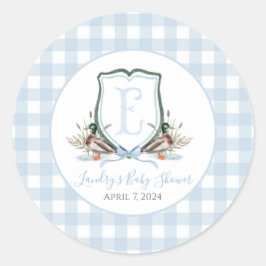 Pegatina Redonda Baby Shower Preppy Southern Blue Boy Duck