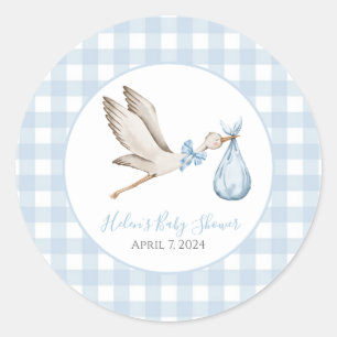 Pegatina Redonda Baby Shower Preppy Southern Blue Boy Stork