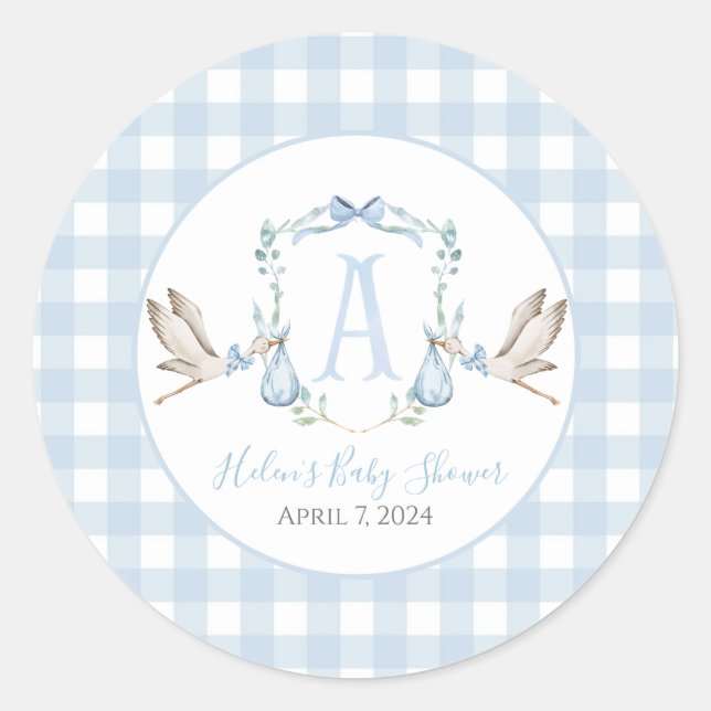 Pegatina Redonda Baby Shower Preppy Southern Blue Boy Stork (Anverso)