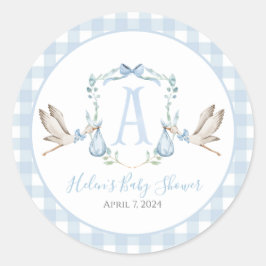 Pegatina Redonda Baby Shower Preppy Southern Blue Boy Stork