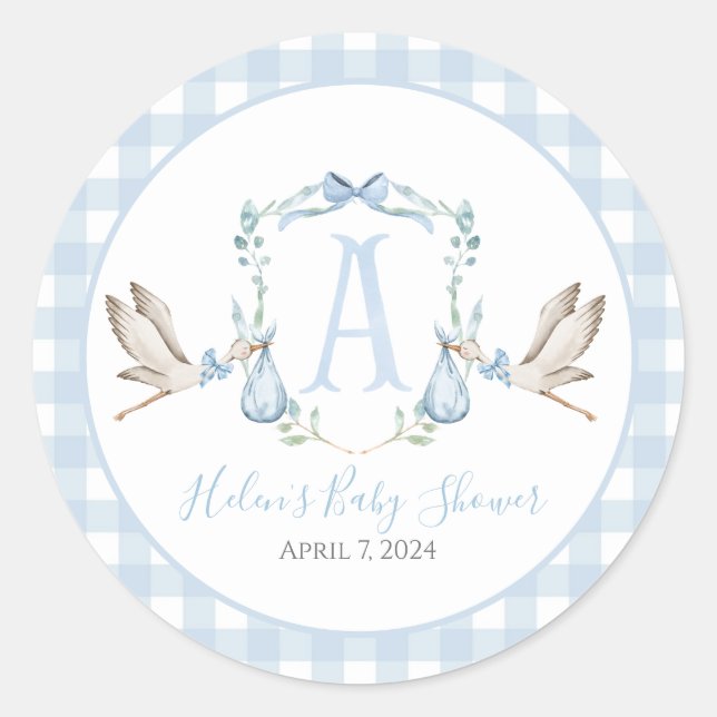 Pegatina Redonda Baby Shower Preppy Southern Blue Boy Stork (Anverso)