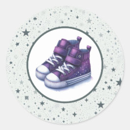Pegatina Redonda Baby Shower Purple Baby High Tops