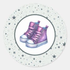 Pegatina Redonda Baby Shower Purple Baby High Tops
