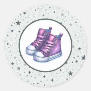 Pegatina Redonda Baby Shower Purple Baby High Tops