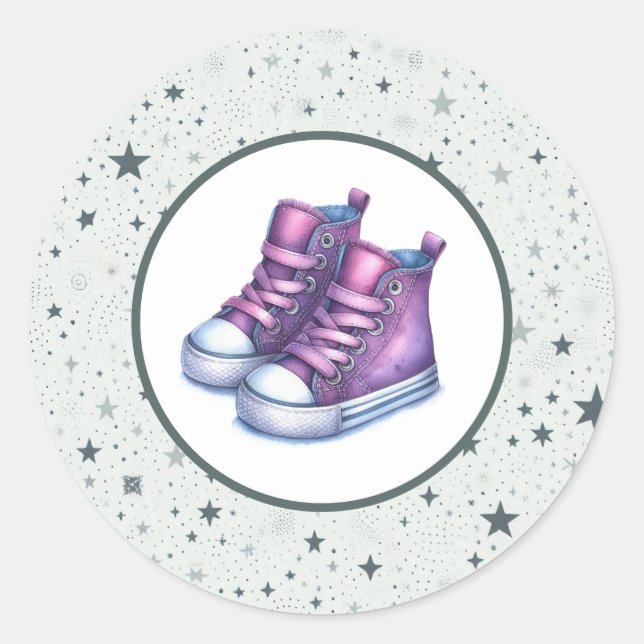 Pegatina Redonda Baby Shower Purple Baby High Tops (Anverso)