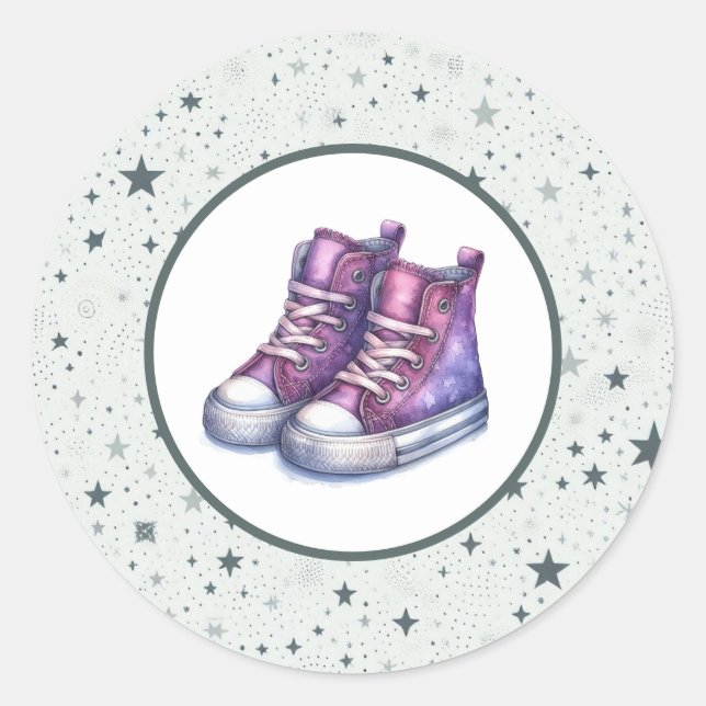 Pegatina Redonda Baby Shower Purple Baby High Tops (Anverso)