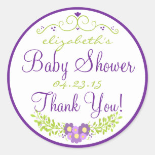 Pegatina Redonda Baby Shower Purple Floral Gracias