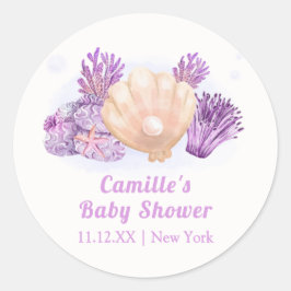Pegatina Redonda Baby Shower Purple Retro Pearl Seashell