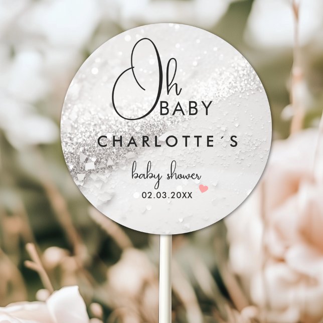 Pegatina Redonda Baby Shower purpurina (Glitter Baby Shower Classic Round Custom Sticker with your Name and Date.)