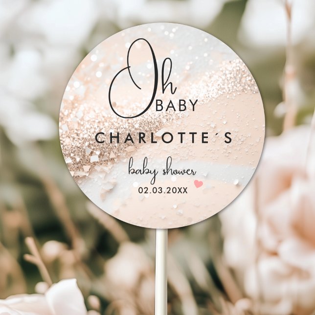 Pegatina Redonda Baby Shower purpurina (Glitter Baby Shower Classic Round Custom Sticker with your Name and Date.)