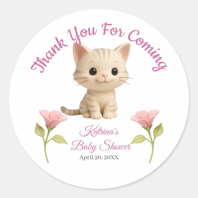 Pegatina Redonda Baby Shower Purr-fect Baby Girl Kitten (Anverso)