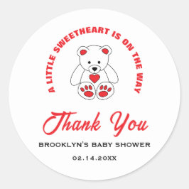 Pegatina Redonda Baby Shower Red White Teddy Bear Pequeño Querido
