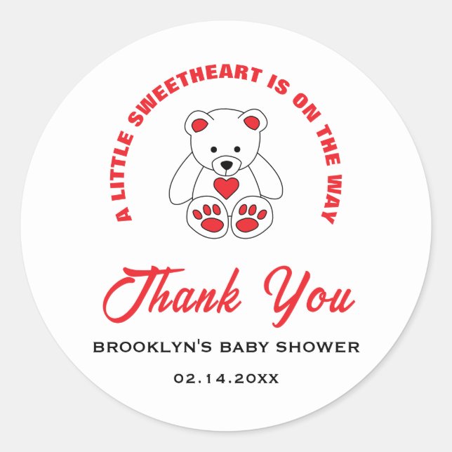 Pegatina Redonda Baby Shower Red White Teddy Bear Pequeño Querido (Anverso)