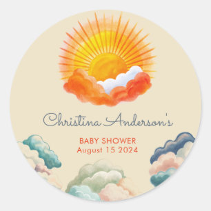 Pegatina Redonda Baby Shower Retro Gris Amarillo Sunshine and Cloud